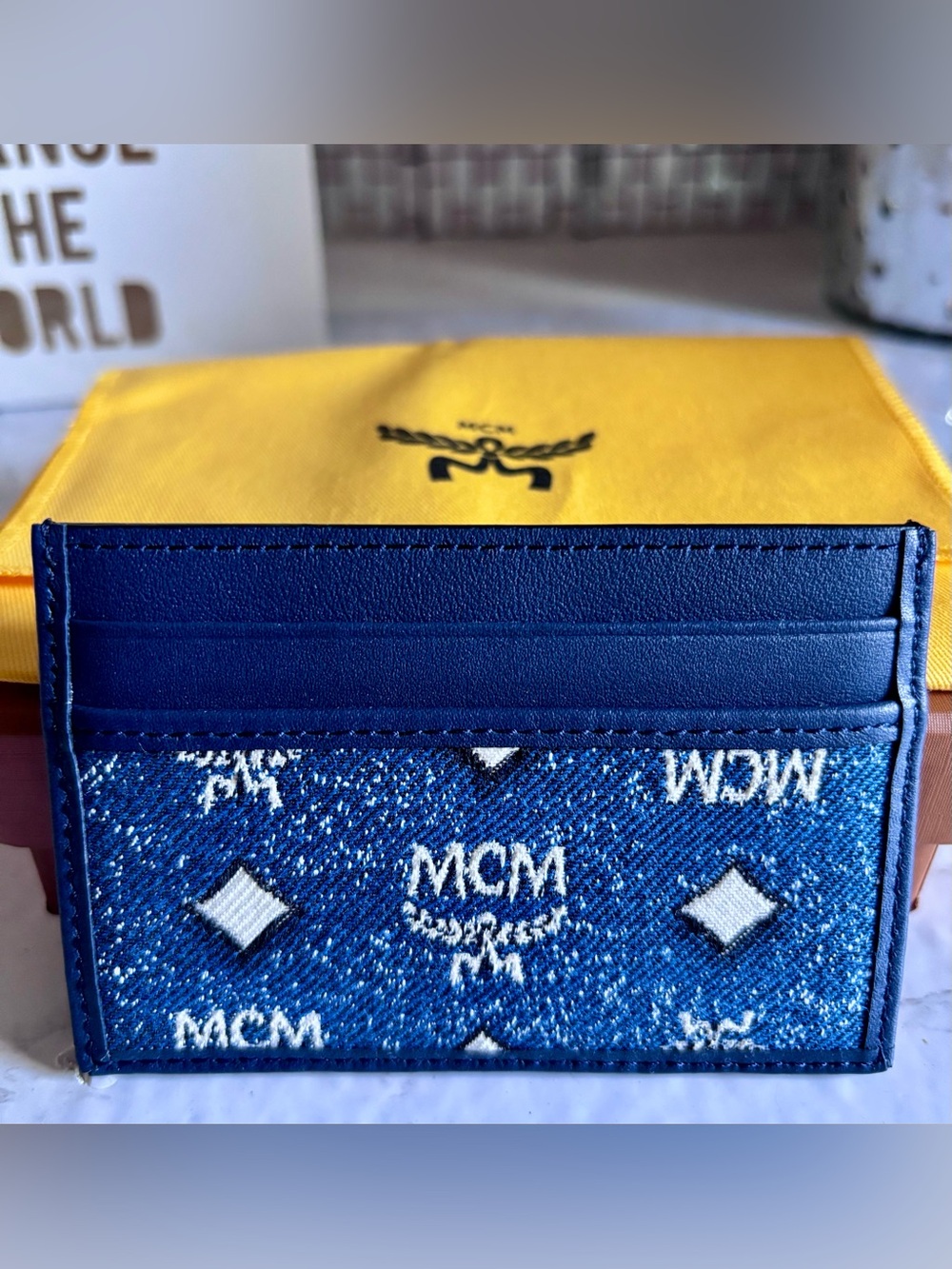 MCM Blue Monogram Canvas with Yellow Leather Trim Men’s Bag